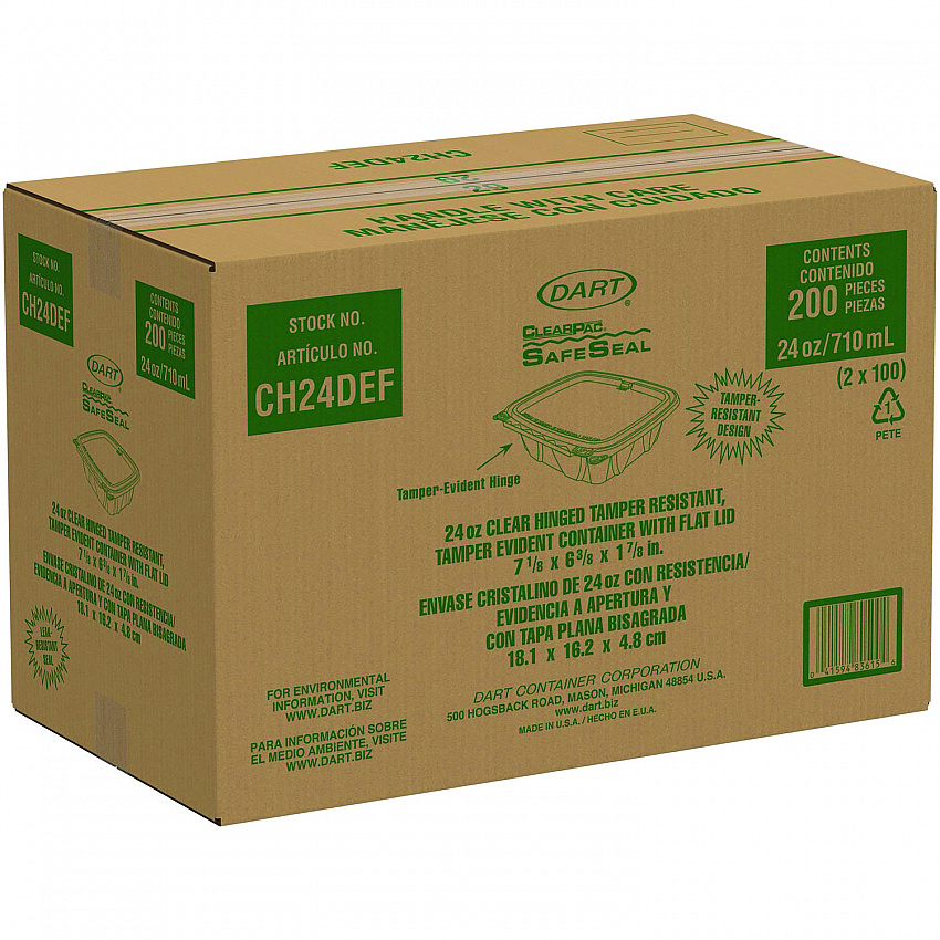 ClearPac SafeSeal rPET Tamper-Resistant Container, ProPlanet Seal, Flat Lid, 24 oz, Clear, 100/Bag, 2 Bags/Carton (CH24DEF)