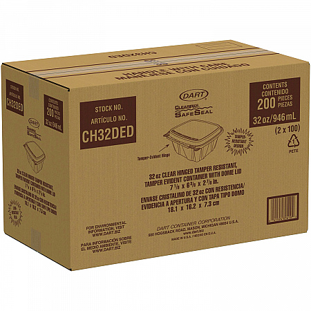 ClearPac SafeSeal Tamper-Resistant/Evident Containers, Domed Lid, 32 oz, Clear, Plastic, 100/Bag, 2 Bags/Carton (CH32DED)