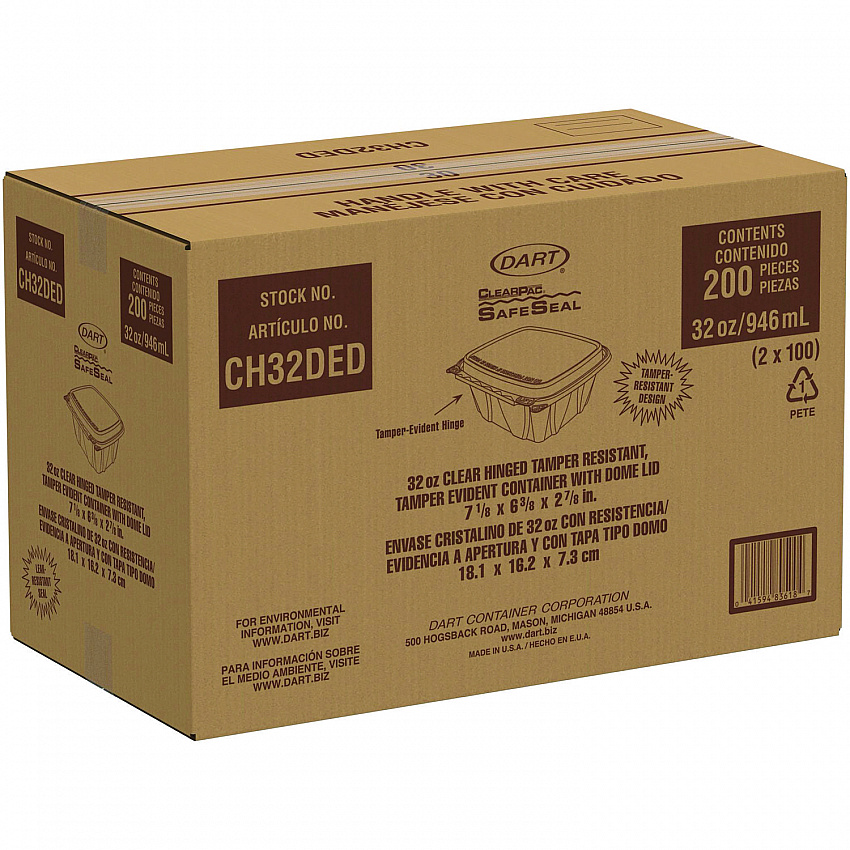 ClearPac SafeSeal Tamper-Resistant/Evident Containers, Domed Lid, 32 oz, Clear, Plastic, 100/Bag, 2 Bags/Carton (CH32DED)