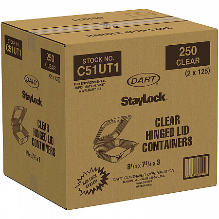 StayLock Clear Hinged Lid Containers, 7.8 x 8.3 x 3, Clear, Plastic, 125/Bag, 2 Bags/Carton (C51UT1)