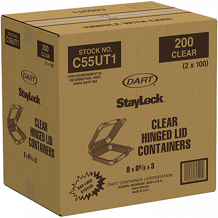 StayLock Clear Hinged Lid Containers, 8.6 x 9 x 3, Clear, Plastic, 100/Pack, 2 Packs/Carton (C55UT1)