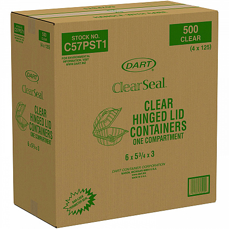 ClearSeal Hinged-Lid Plastic Containers, 5.8 x 6 x 3, Clear, Plastic, 125/Pack, 4 Packs/Carton (C57PST1)