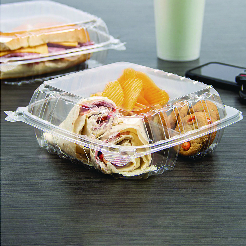 ClearSeal Hinged-Lid Plastic Containers, 8.25 x 8.25 x 3, Clear, Plastic, 125/Pack, 2 Packs/Carton (C90PST3)