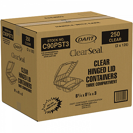 ClearSeal Hinged-Lid Plastic Containers, 8.25 x 8.25 x 3, Clear, Plastic, 125/Pack, 2 Packs/Carton (C90PST3)