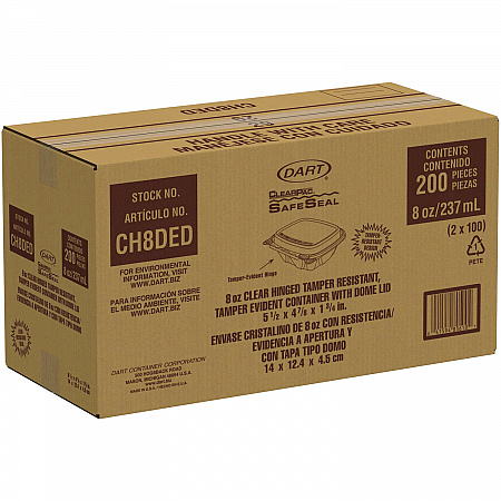 ClearPac SafeSeal Tamper-Resistant/Evident Containers, Domed Lid, 8 oz, Clear, Plastic, 100/Bag, 2 Bags/Carton (CH8DED)