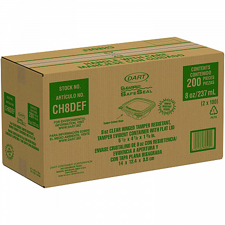 ClearPac SafeSeal Tamper-Resistant/Evident Containers, Flat Lid, 8 oz, Clear, Plastic, 100/Bag, 2 Bags/Carton (CH8DEF)