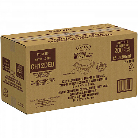 ClearPac SafeSeal Tamper-Resistant/Evident Containers, Domed Lid, 12 oz, Clear, Plastic, 100/Bag, 2 Bags/Carton (CH12DED)