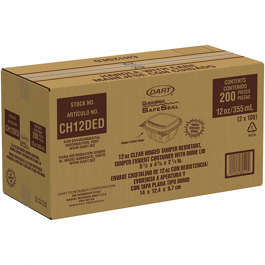 ClearPac SafeSeal Tamper-Resistant/Evident Containers, Domed Lid, 12 oz, Clear, Plastic, 100/Bag, 2 Bags/Carton (CH12DED)