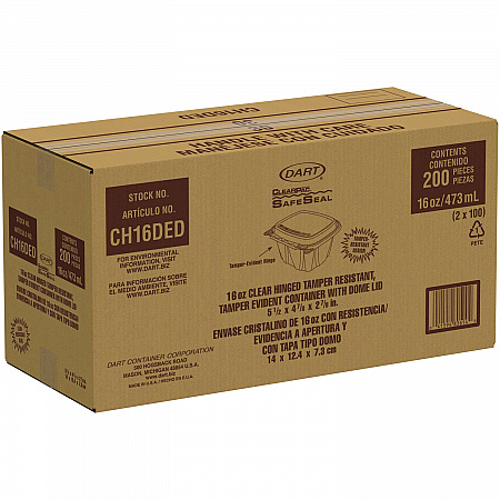 ClearPac SafeSeal Tamper-Resistant/Evident Containers, Domed Lid, 16 oz, Clear, Plastic, 100/Bag, 2 Bags/Carton (CH16DED)