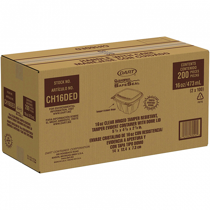 ClearPac SafeSeal Tamper-Resistant/Evident Containers, Domed Lid, 16 oz, Clear, Plastic, 100/Bag, 2 Bags/Carton (CH16DED)