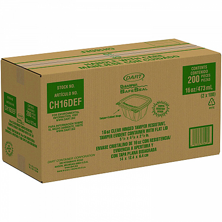 ClearPac SafeSeal Tamper-Resistant/Evident Containers, Flat Lid, 16 oz, Clear, Plastic, 100/Bag, 2 Bags/Carton (CH16DEF)