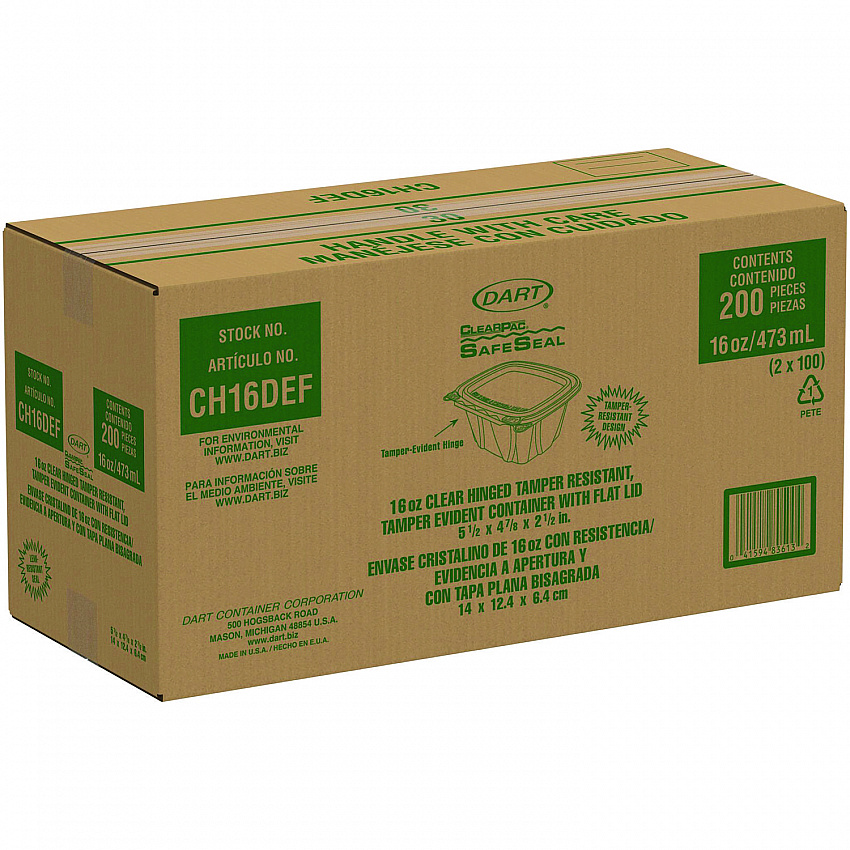 ClearPac SafeSeal Tamper-Resistant/Evident Containers, Flat Lid, 16 oz, Clear, Plastic, 100/Bag, 2 Bags/Carton (CH16DEF)