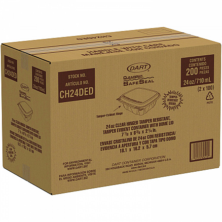 ClearPac SafeSeal Tamper-Resistant/Evident Containers, Domed Lid, 24 oz, Clear, Plastic, 100/Bag, 2 Bags/Carton (CH24DED)