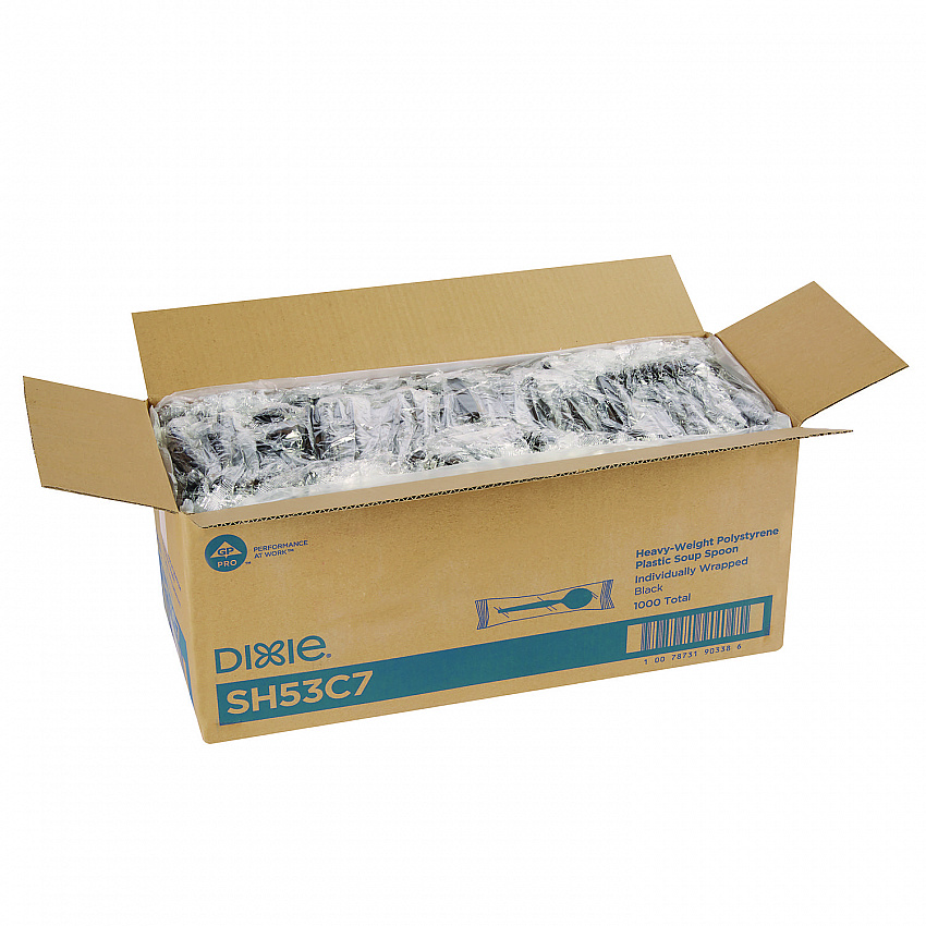 Individually Wrapped Heavyweight Soup Spoons, 5.75", Plastic, Black, 1,000/Carton (SH53C7)