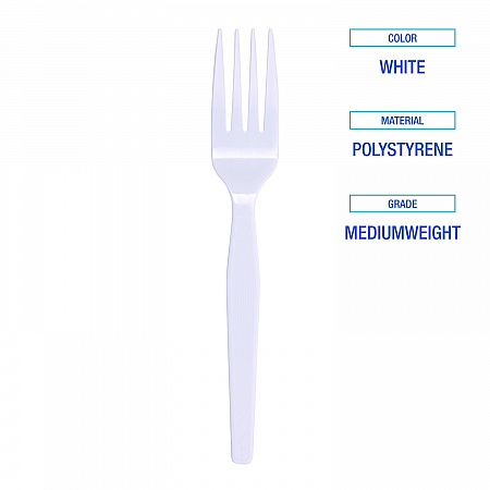 Mediumweight Polystyrene Cutlery, Fork, Plastic, White, 100/Box, 10 Boxes/Carton (FORKMWPSCT)