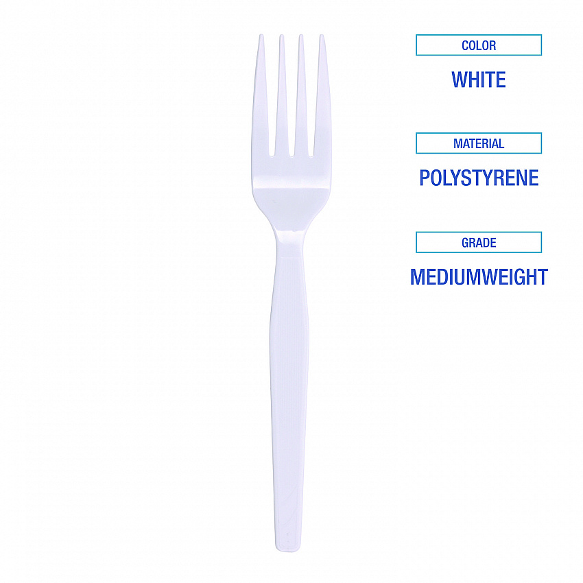 Mediumweight Polystyrene Cutlery, Fork, Plastic, White, 100/Box, 10 Boxes/Carton (FORKMWPSCT)