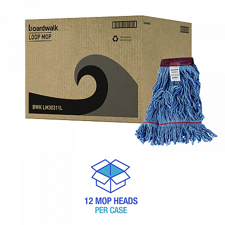 Cotton Mop Heads, Cotton/Synthetic, Large, Looped End, Wideband, Blue, 12/Carton (LM30311L)