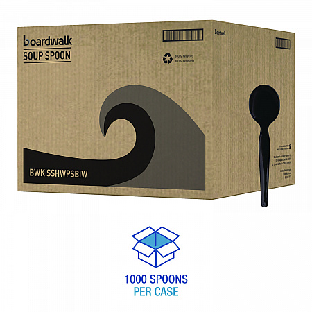 Heavyweight Wrapped Polystyrene Cutlery, Soup Spoon, Plastic, Black, 1,000/Carton (SSHWPSBIW)