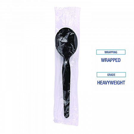 Heavyweight Wrapped Polystyrene Cutlery, Soup Spoon, Plastic, Black, 1,000/Carton (SSHWPSBIW)