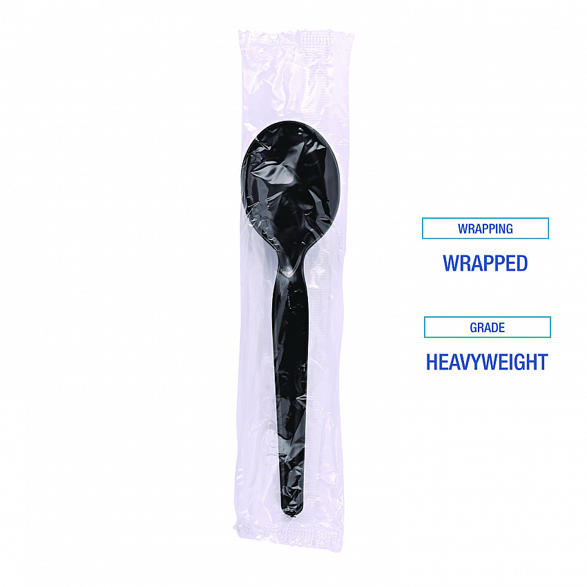 Heavyweight Wrapped Polystyrene Cutlery, Soup Spoon, Plastic, Black, 1,000/Carton (SSHWPSBIW)