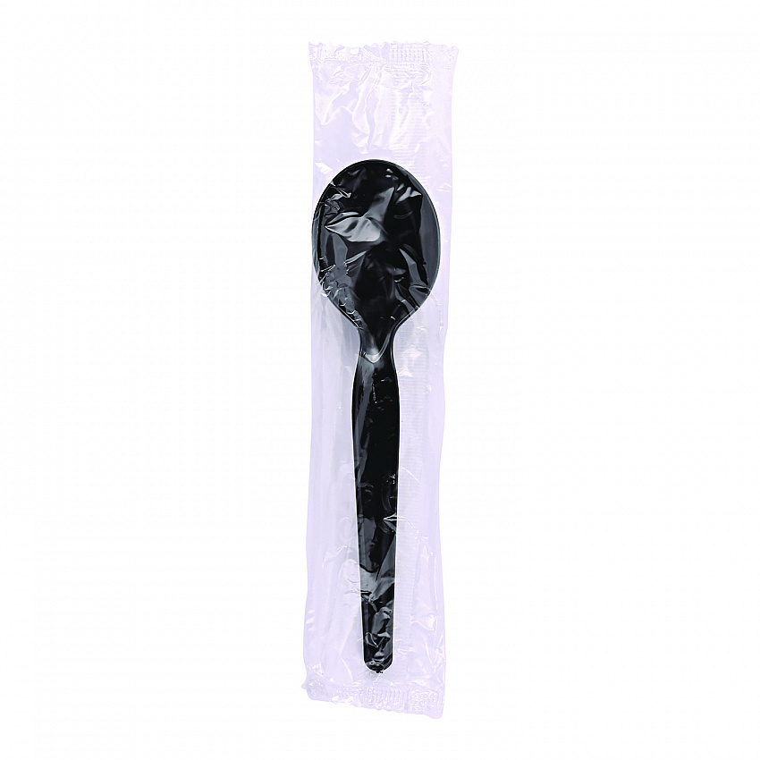 Heavyweight Wrapped Polystyrene Cutlery, Soup Spoon, Plastic, Black, 1,000/Carton (SSHWPSBIW)