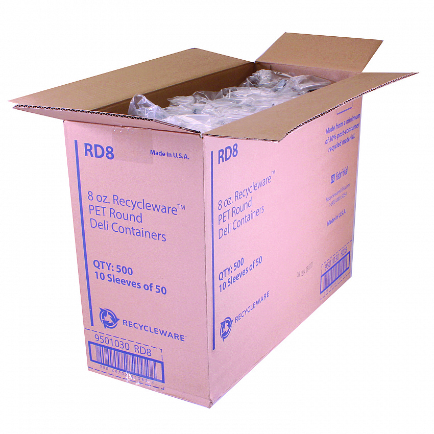 Recycleware Round Deli Container, 8 oz, 4.6" Diameter x 1.7" h, Clear, Plastic, 500/Carton (RD8)