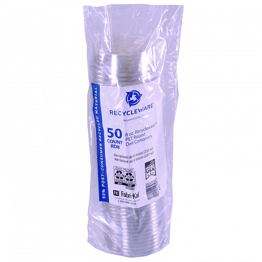 Recycleware Round Deli Container, 8 oz, 4.6" Diameter x 1.7" h, Clear, Plastic, 500/Carton (RD8)