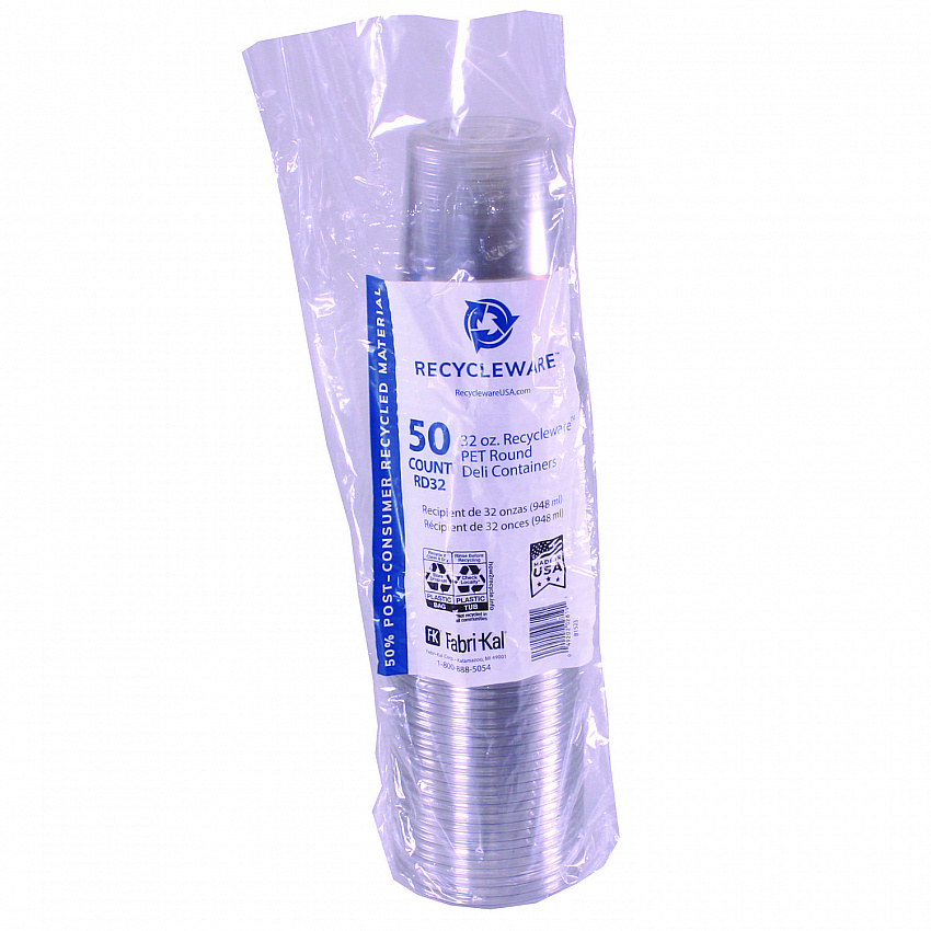 Recycleware Round Deli Container, 32 oz, 4.6" Diameter x 5.8" h, Clear, Plastic, 500/Carton (RD32)