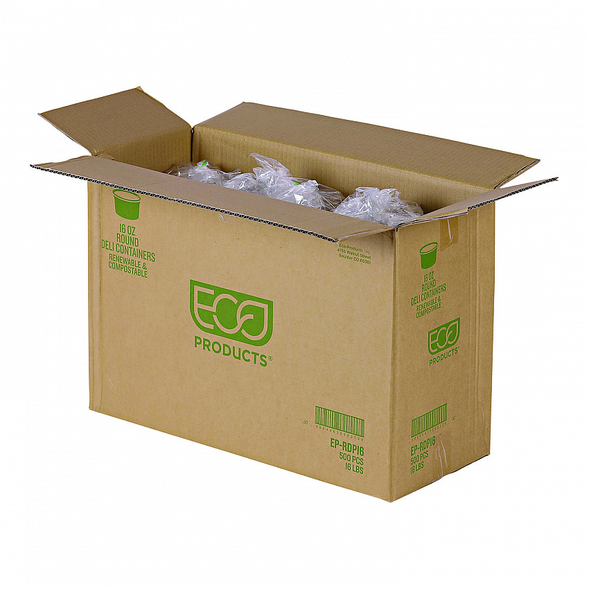 Renewable and Compostable Round Deli Containers, 16 oz, 4.63" Diameter x 3.06" h, Clear, Plastic, 50/Pack, 10 Packs/Carton (EPRDP16)