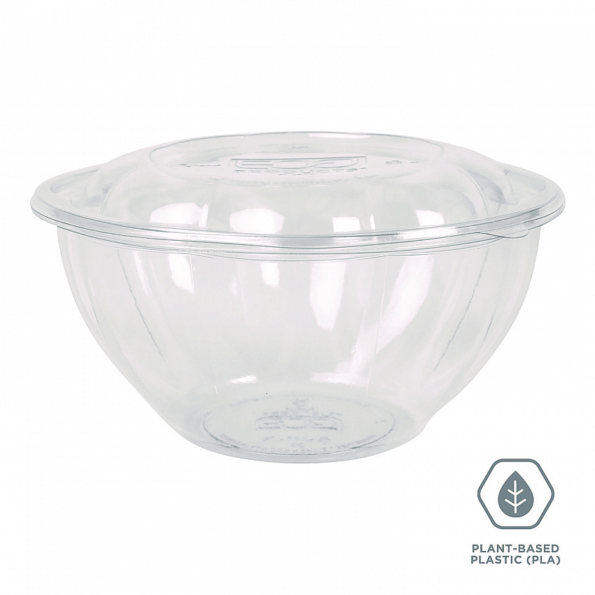 Renewable and Compostable Salad Bowls with Lids, 32 oz, Clear, Plastic, 50/Pack, 3 Packs/Carton (EPSB32)