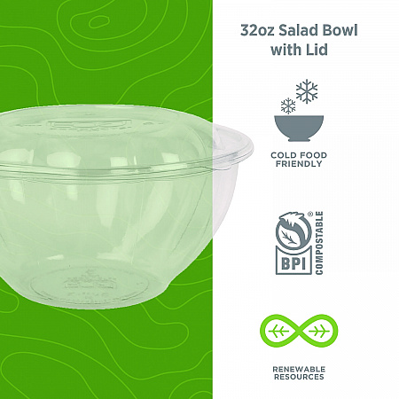 Renewable and Compostable Salad Bowls with Lids, 32 oz, Clear, Plastic, 50/Pack, 3 Packs/Carton (EPSB32)