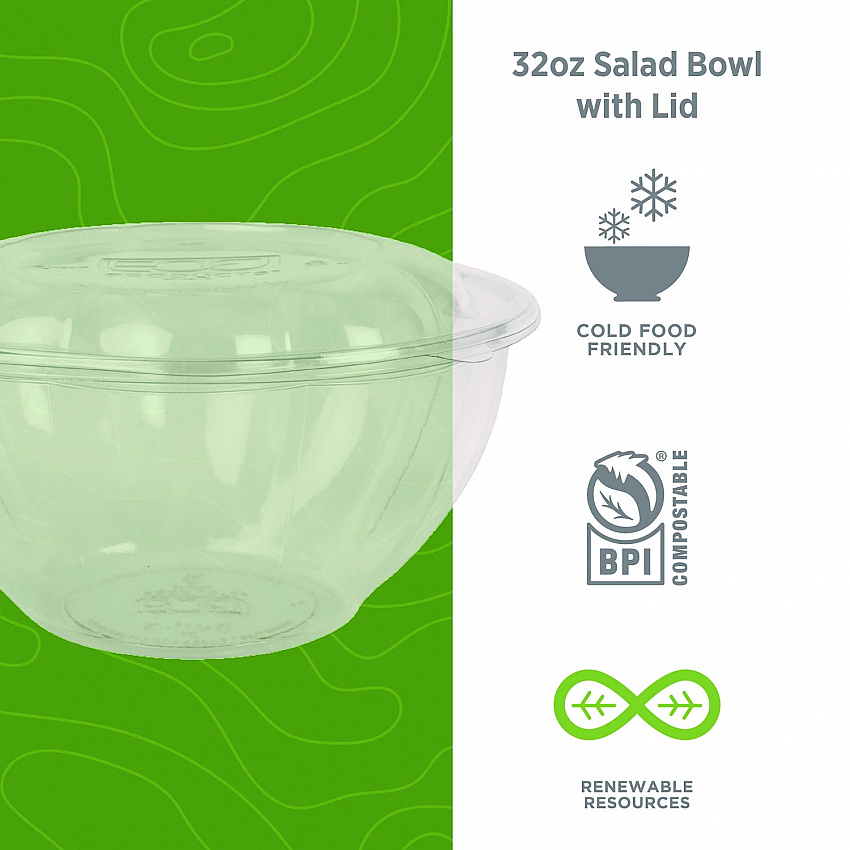 Renewable and Compostable Salad Bowls with Lids, 32 oz, Clear, Plastic, 50/Pack, 3 Packs/Carton (EPSB32)