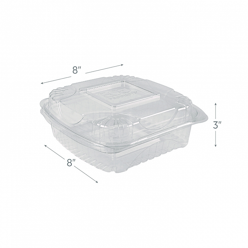 Renewable and Compostable Clear Clamshell Hinged Food Containers, 8 x 8 x 3, Plastic, 80/Pack, 2 Packs/Carton (EPLC81)