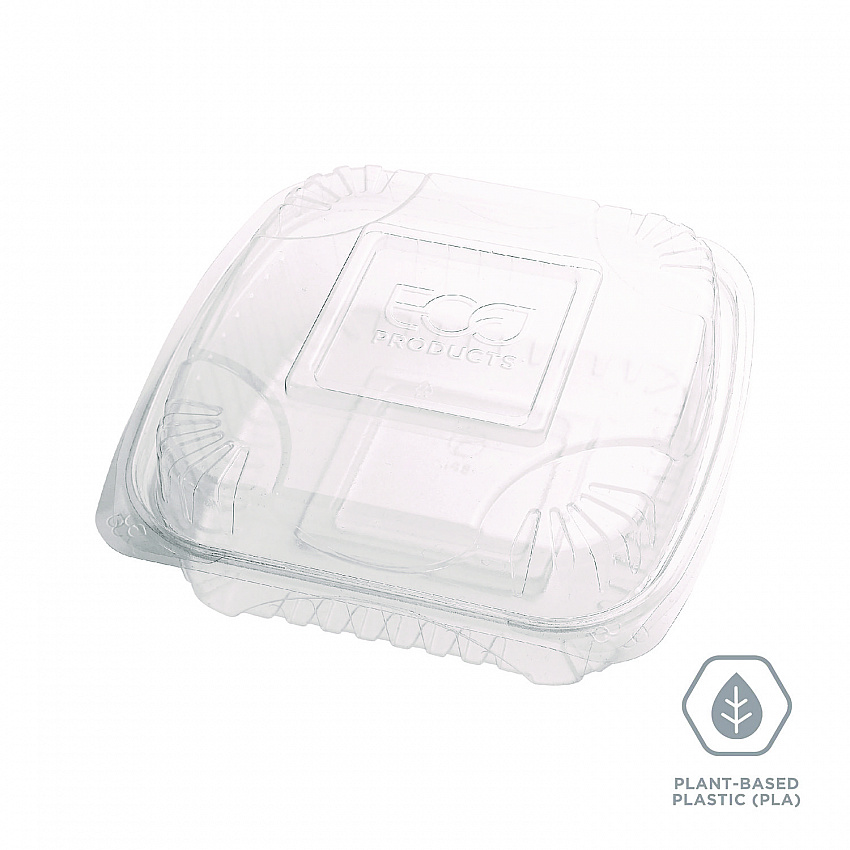 Renewable and Compostable Clear Clamshell Hinged Food Containers, 8 x 8 x 3, Plastic, 80/Pack, 2 Packs/Carton (EPLC81)