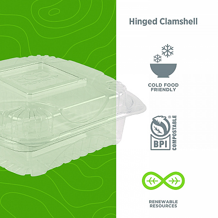 Renewable and Compostable Clear Clamshell Hinged Food Containers, 8 x 8 x 3, Plastic, 80/Pack, 2 Packs/Carton (EPLC81)