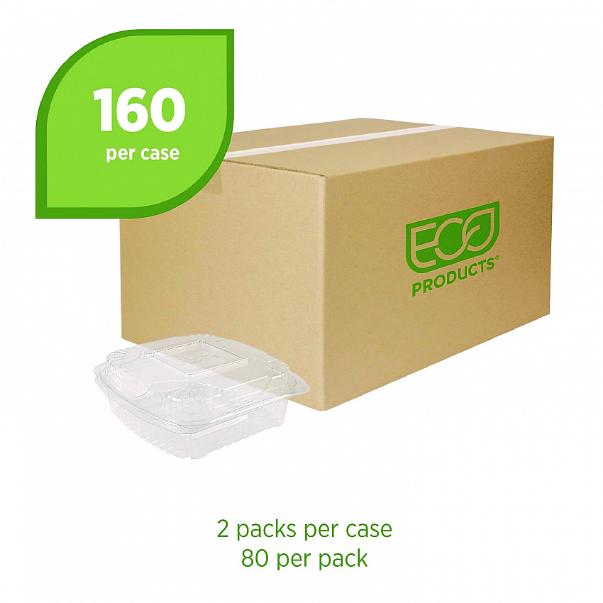 Renewable and Compostable Clear Clamshell Hinged Food Containers, 8 x 8 x 3, Plastic, 80/Pack, 2 Packs/Carton (EPLC81)
