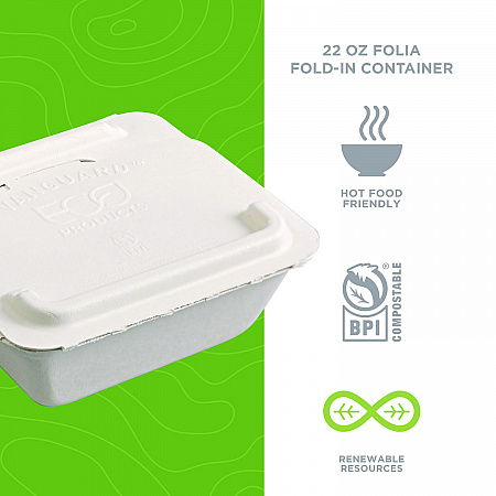 Vanguard Folia Renewable and Compostable Take-Out Container, 3 Compartments, 22 oz, 5.39 x 5.94 x 2, White, Sugarcane, 300/CT (EPFSC22NFA)