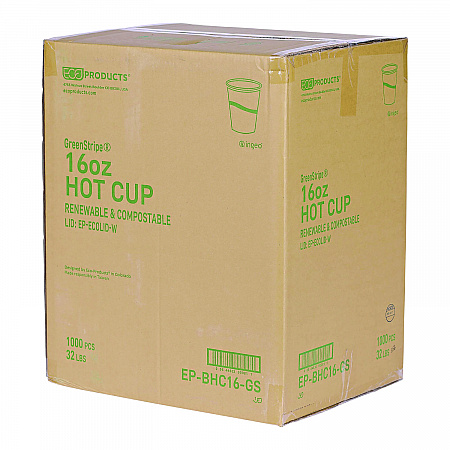 GreenStripe Renewable and Compostable Hot Cups, 16 oz, Paper, White/Green, 50/Pack, 20 Packs/Carton (EPBHC16GS)