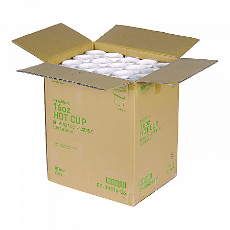 GreenStripe Renewable and Compostable Hot Cups, 16 oz, Paper, White/Green, 50/Pack, 20 Packs/Carton (EPBHC16GS)