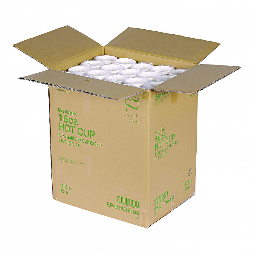 GreenStripe Renewable and Compostable Hot Cups, 16 oz, Paper, White/Green, 50/Pack, 20 Packs/Carton (EPBHC16GS)