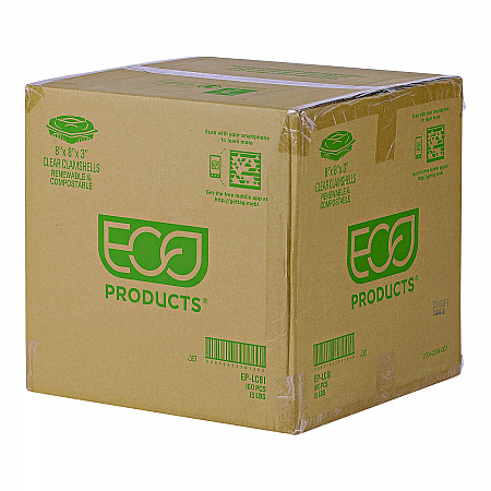 Renewable and Compostable Clear Clamshell Hinged Food Containers, 8 x 8 x 3, Plastic, 80/Pack, 2 Packs/Carton (EPLC81)