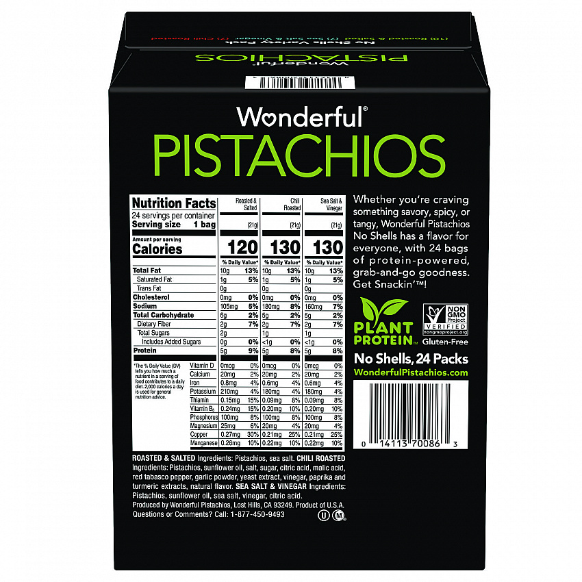 No Shells Roasted and Salted Pistachios Variety Pack, Assorted Flavors, 0.75 oz Bag, 24/Carton (PAR70086)