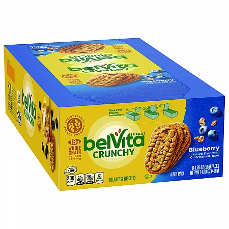 belVita Breakfast Biscuits, 1.76 oz Pack, Blueberry, 8 Packs/Box, 8 Boxes/Carton (02908)