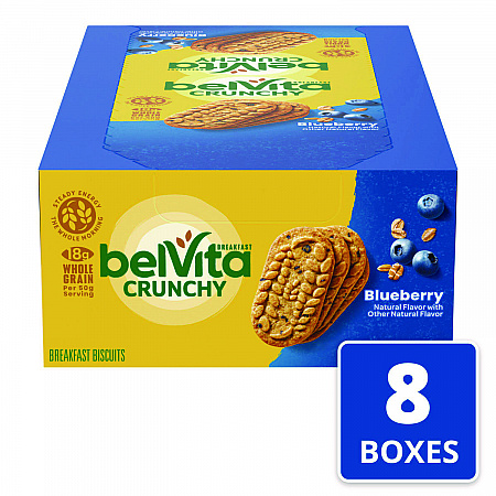 belVita Breakfast Biscuits, 1.76 oz Pack, Blueberry, 8 Packs/Box, 8 Boxes/Carton (02908)