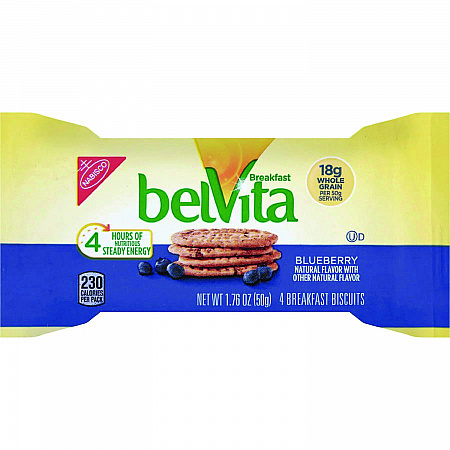 belVita Breakfast Biscuits, 1.76 oz Pack, Blueberry, 8 Packs/Box, 8 Boxes/Carton (02908)
