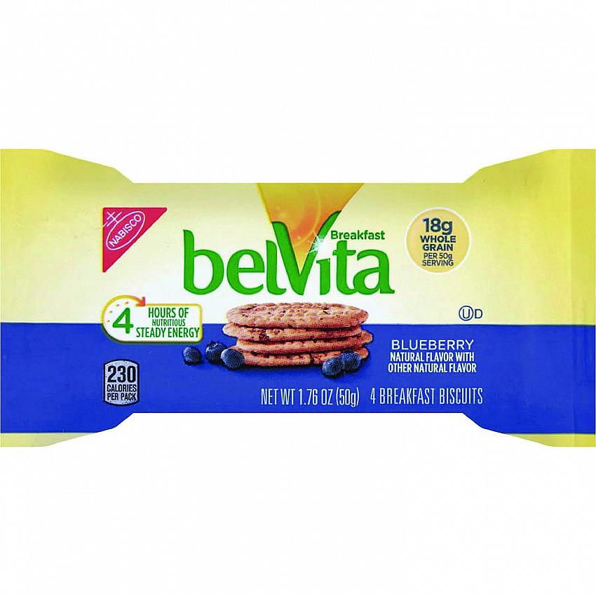 belVita Breakfast Biscuits, 1.76 oz Pack, Blueberry, 8 Packs/Box, 8 Boxes/Carton (02908)