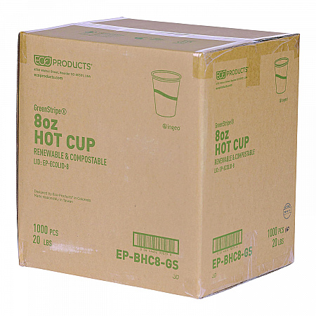 GreenStripe Renewable and Compostable Hot Cups, 8 oz, Paper, White/Green, 50/Pack, 20 Packs/Carton (EPBHC8GS)