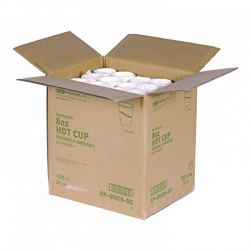 GreenStripe Renewable and Compostable Hot Cups, 8 oz, Paper, White/Green, 50/Pack, 20 Packs/Carton (EPBHC8GS)