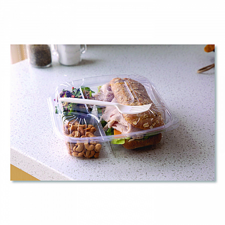 Renewable and Compostable Clear Clamshell Hinged Food Containers, 3 Compartments, 8 x 8 x 3, Plastic, 80/Pack, 2 Packs/Carton (EPLC83)
