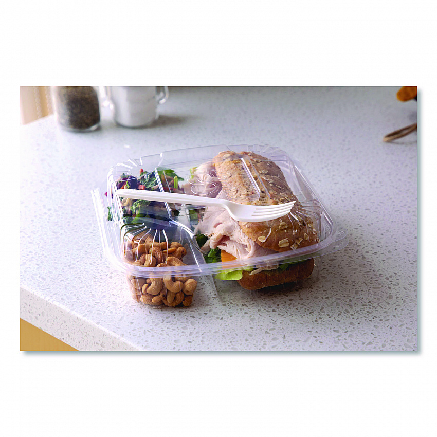 Renewable and Compostable Clear Clamshell Hinged Food Containers, 3 Compartments, 8 x 8 x 3, Plastic, 80/Pack, 2 Packs/Carton (EPLC83)